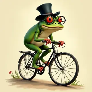 Frog with monocle and hat riding an old fashioned big wheel bicycle